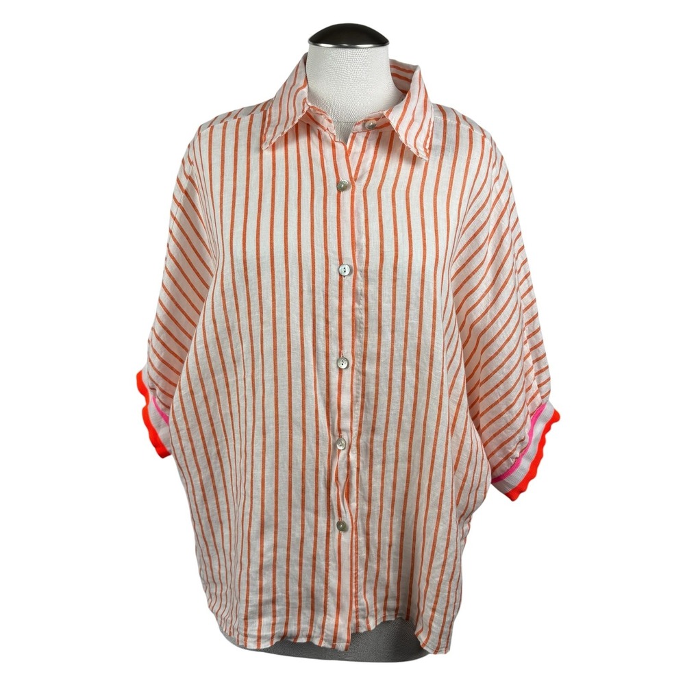 Brand Bazar Linen Shirt Womens Orange Stripe‎ Oversized Button Up Made In Italy